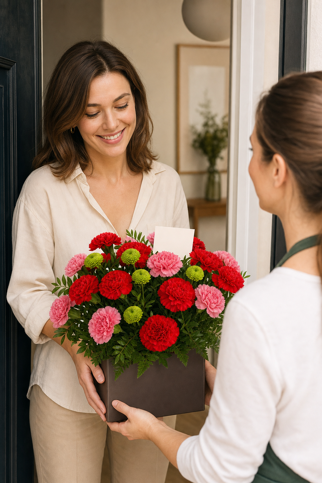 Cutie florală cu garoafe roșii, garoafe roz și crizanteme verzi