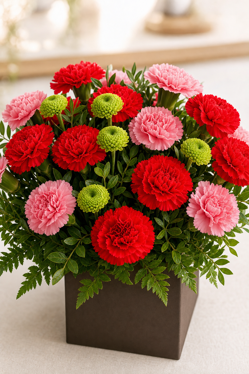 Cutie florală cu garoafe roșii, garoafe roz și crizanteme verzi