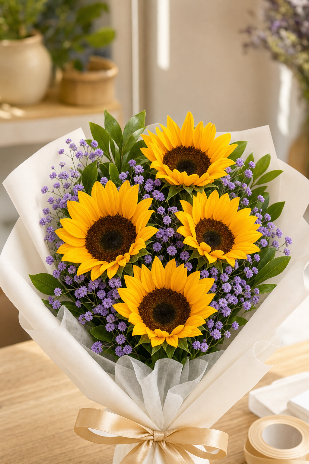 Buchet cu floarea-soarelui si gypsophila