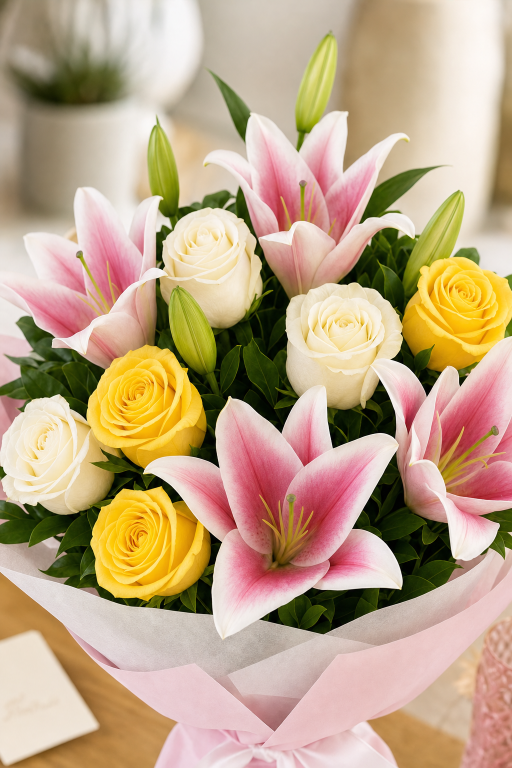 Buchet trandafiri albi, galbeni si crini roz