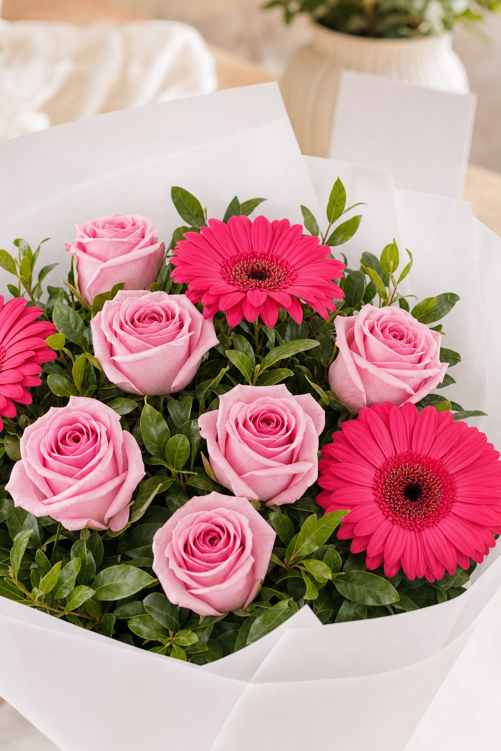 Trandafiri roz si gerbera