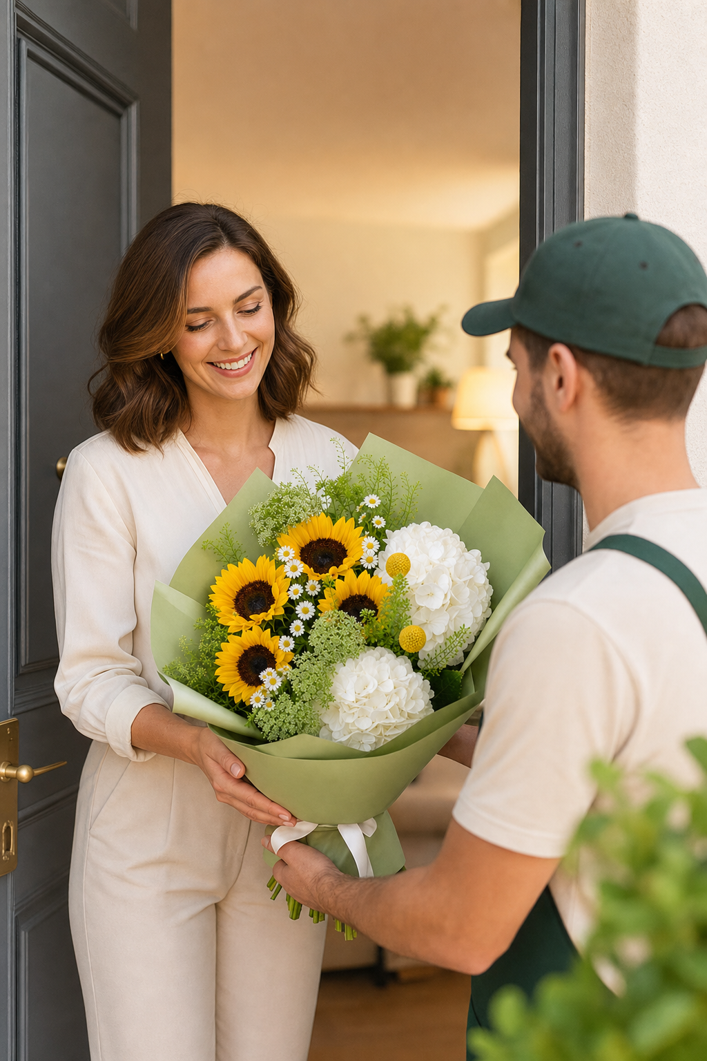 Buchet floarea soarelui si hortensii