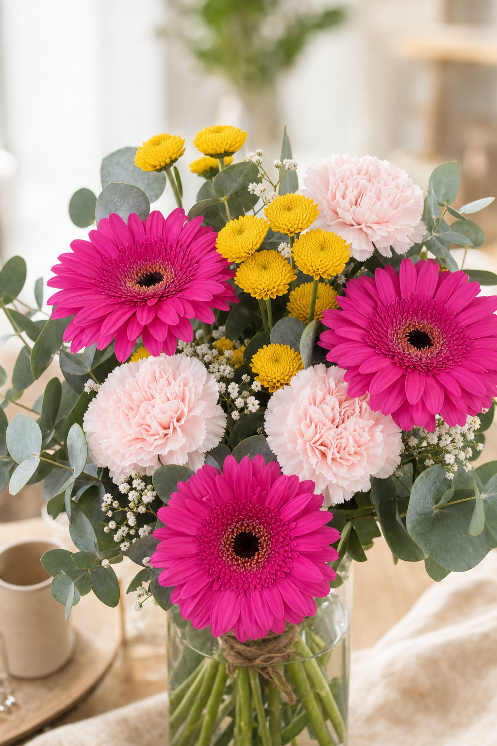 Buchet in vaza cu crizanteme colorate