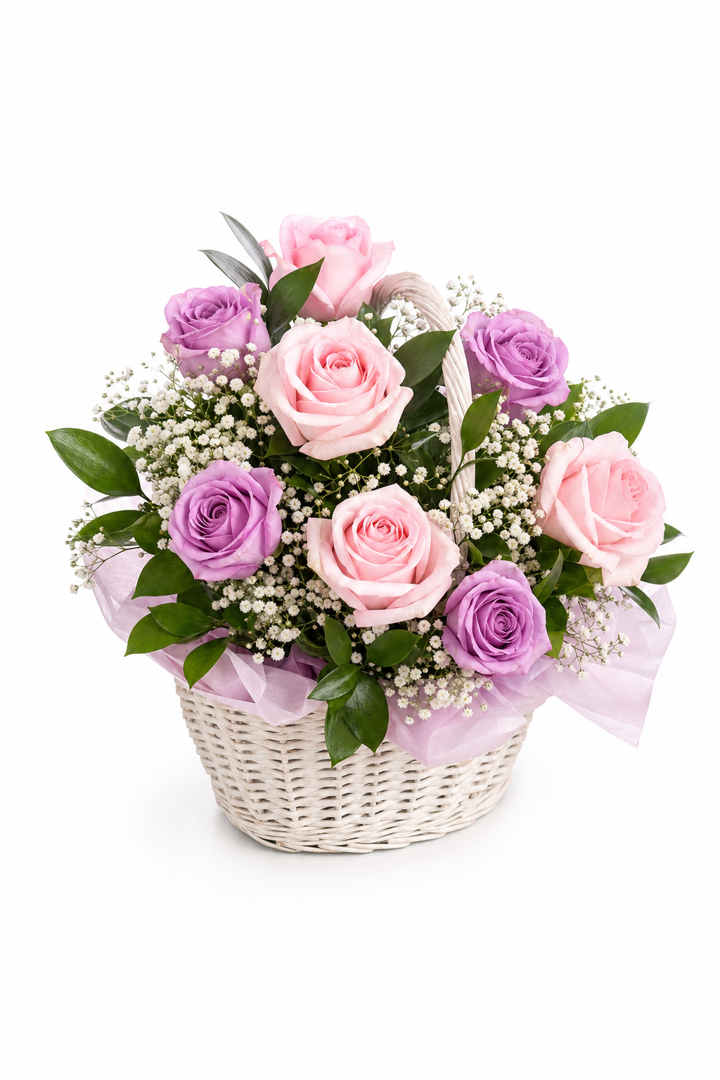 Buchet Premium cu Gypsophila și Trandafiri Mov și Roz
