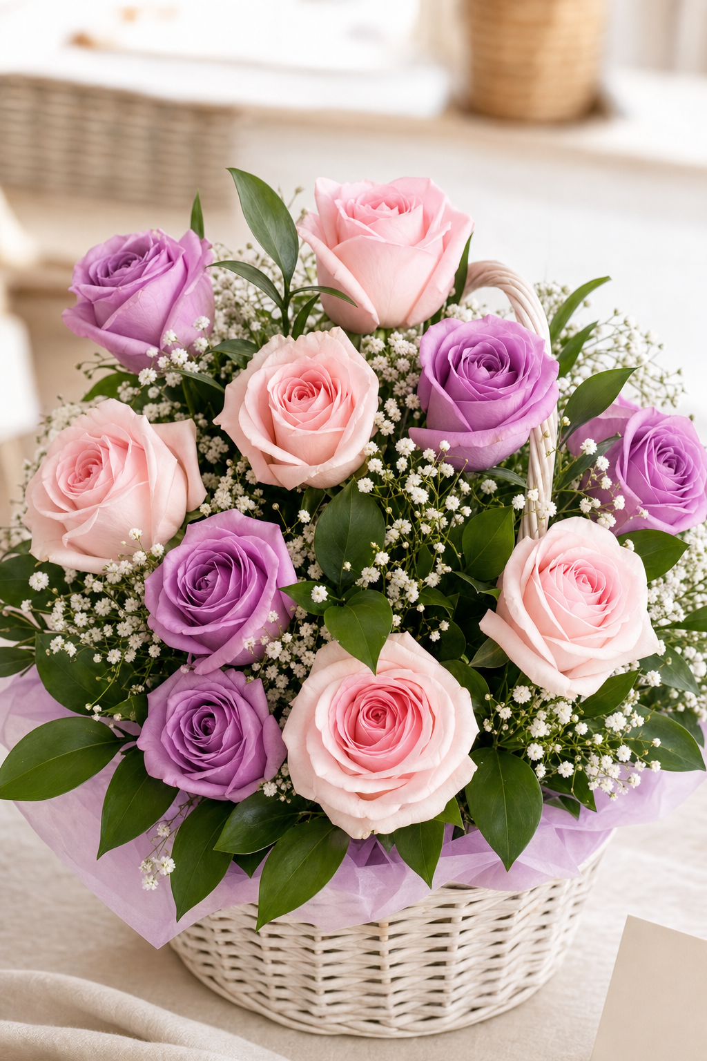 Buchet Premium cu Gypsophila și Trandafiri Mov și Roz
