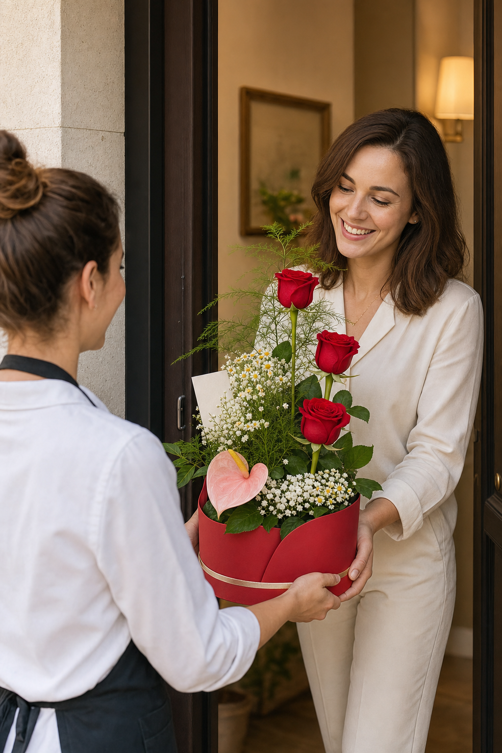 Blumenbox mit Schleierkraut und roten Rosen – Bild 2