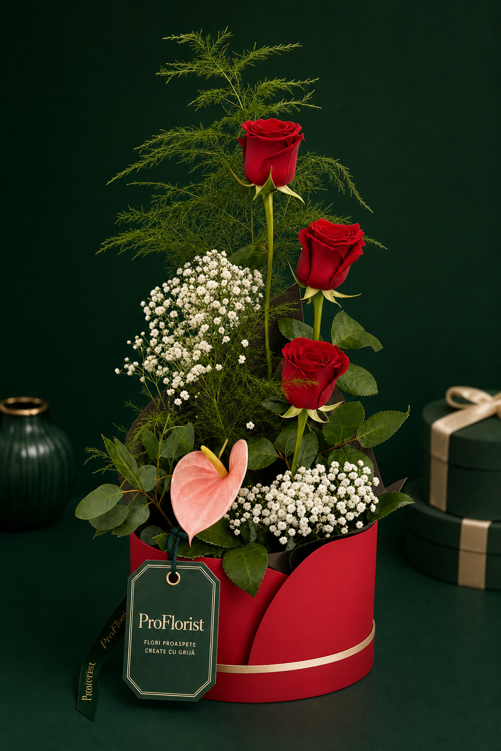Blumenbox mit Schleierkraut und roten Rosen – Bild 3