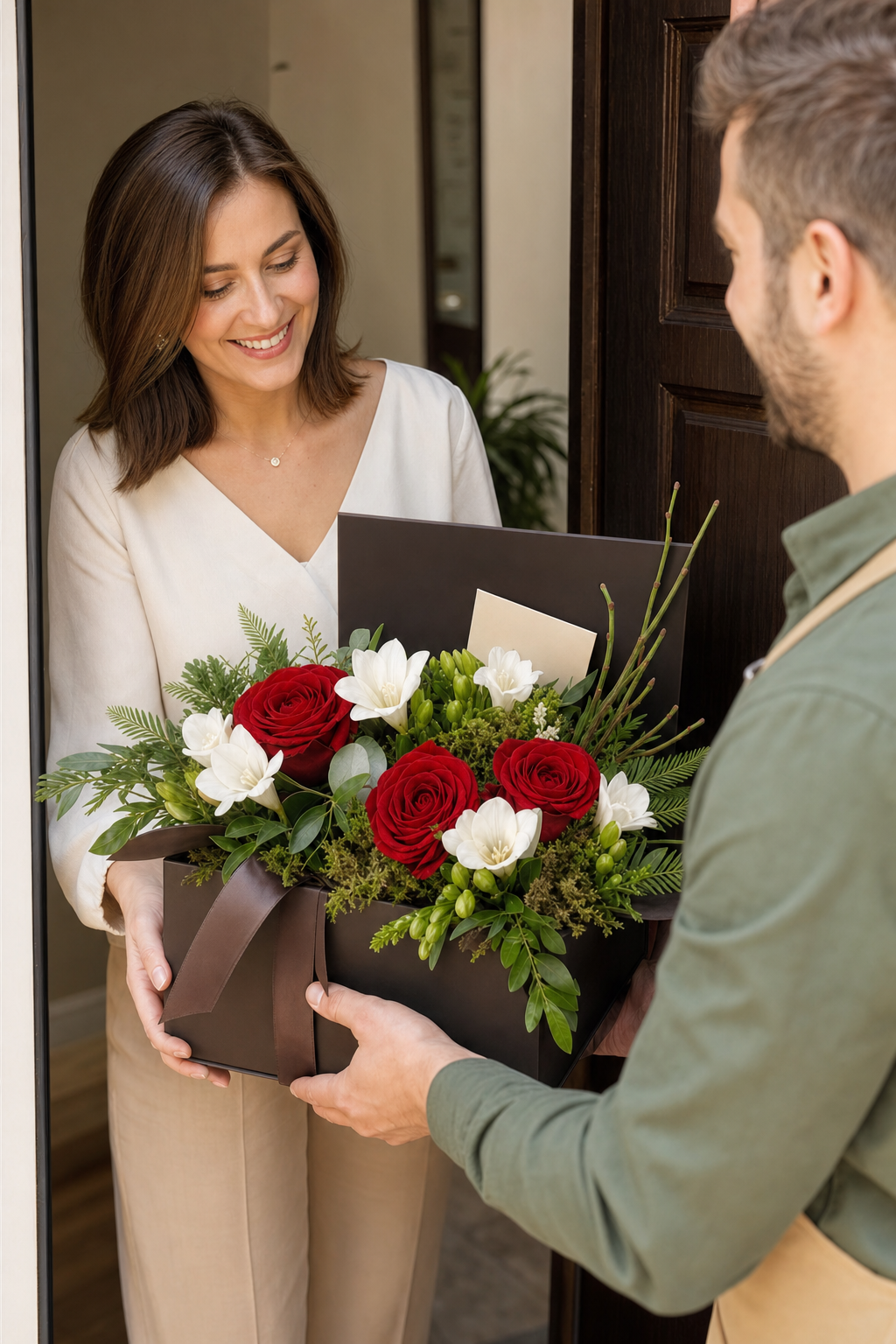 Premium-Strauß mit Freesien sowie weißen und roten Rosen – Bild 2