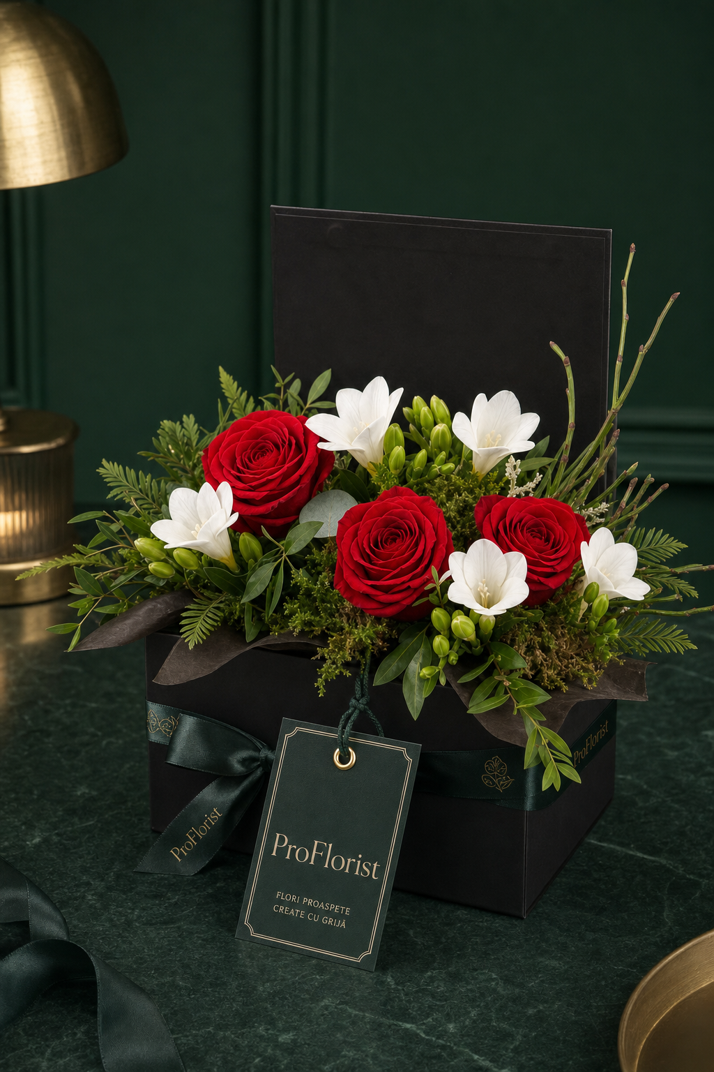 Premium-Strauß mit Freesien sowie weißen und roten Rosen – Bild 3