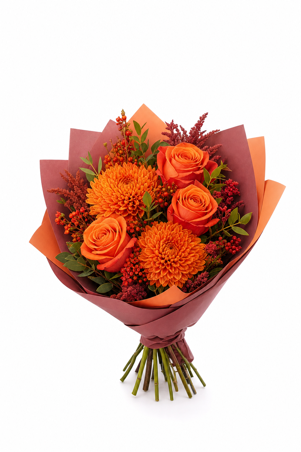 Buchet Premium cu Chrysanthemum și Trandafiri Bordo și Portocalii