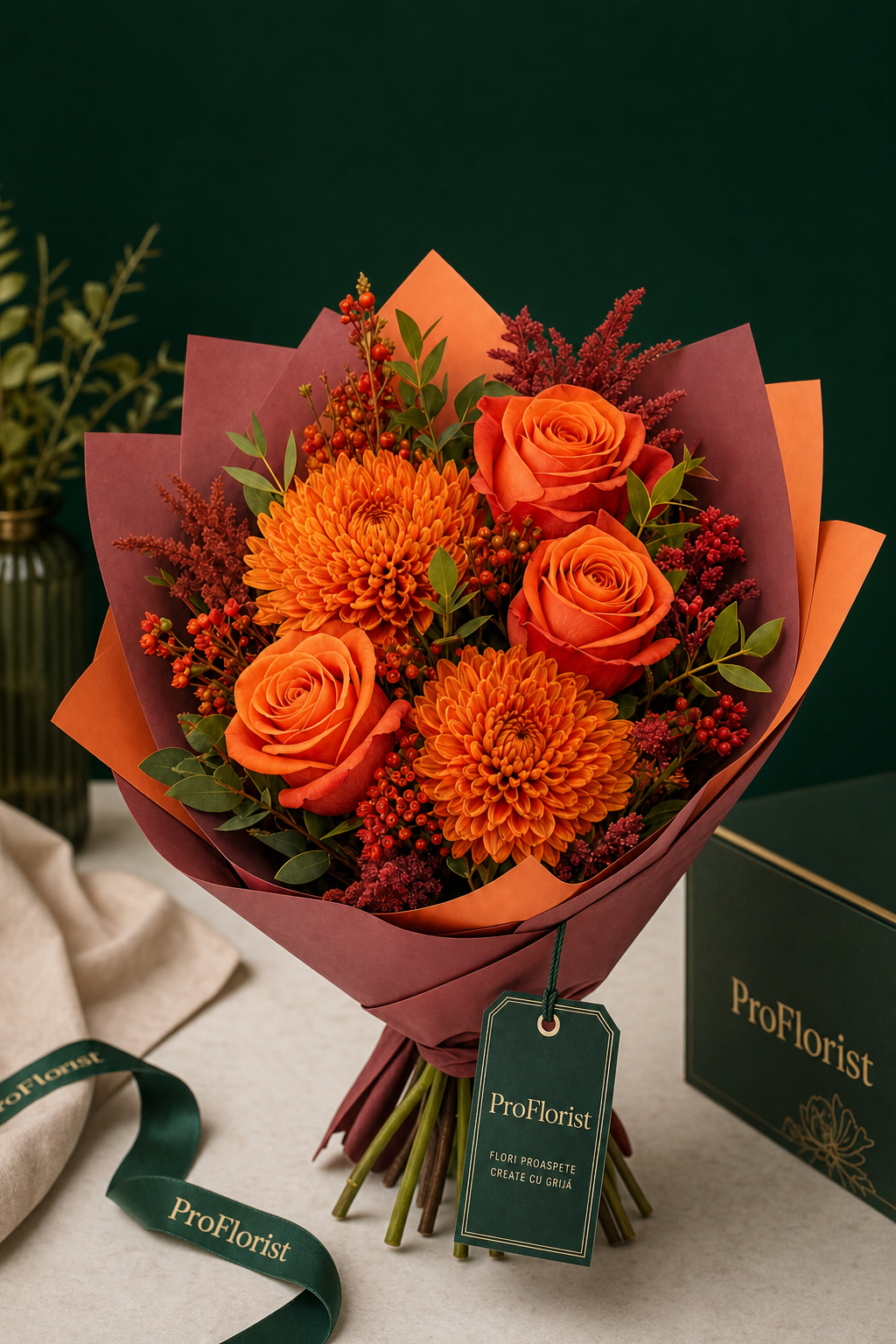 Premium-Strauß mit Chrysanthemen sowie bordeauxroten und orangefarbenen Rosen – Bild 3