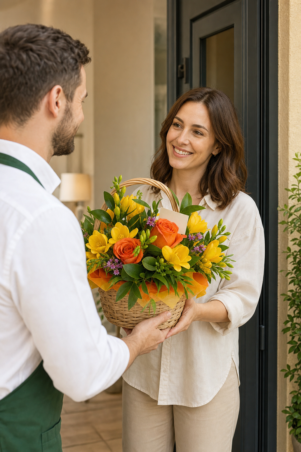Aranjament Floral cu Frezii și Trandafiri Galbene și Portocalii