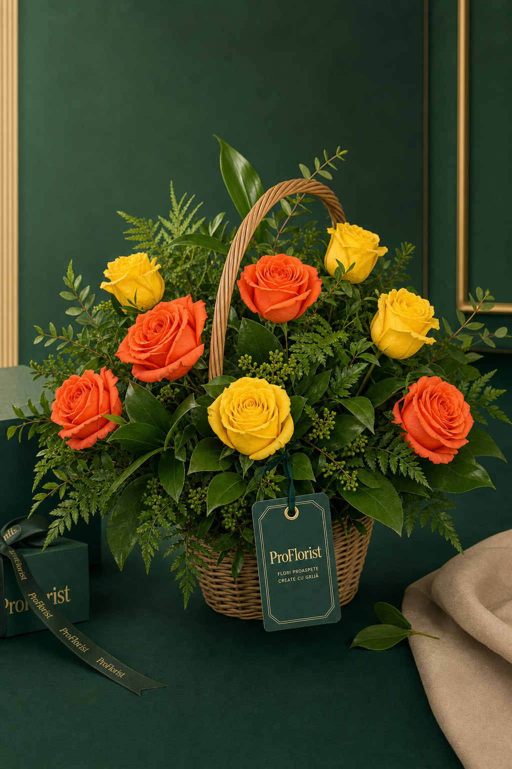 Aranjament Floral Premium cu Trandafiri Galbeni și Portocalii – imaginea 3