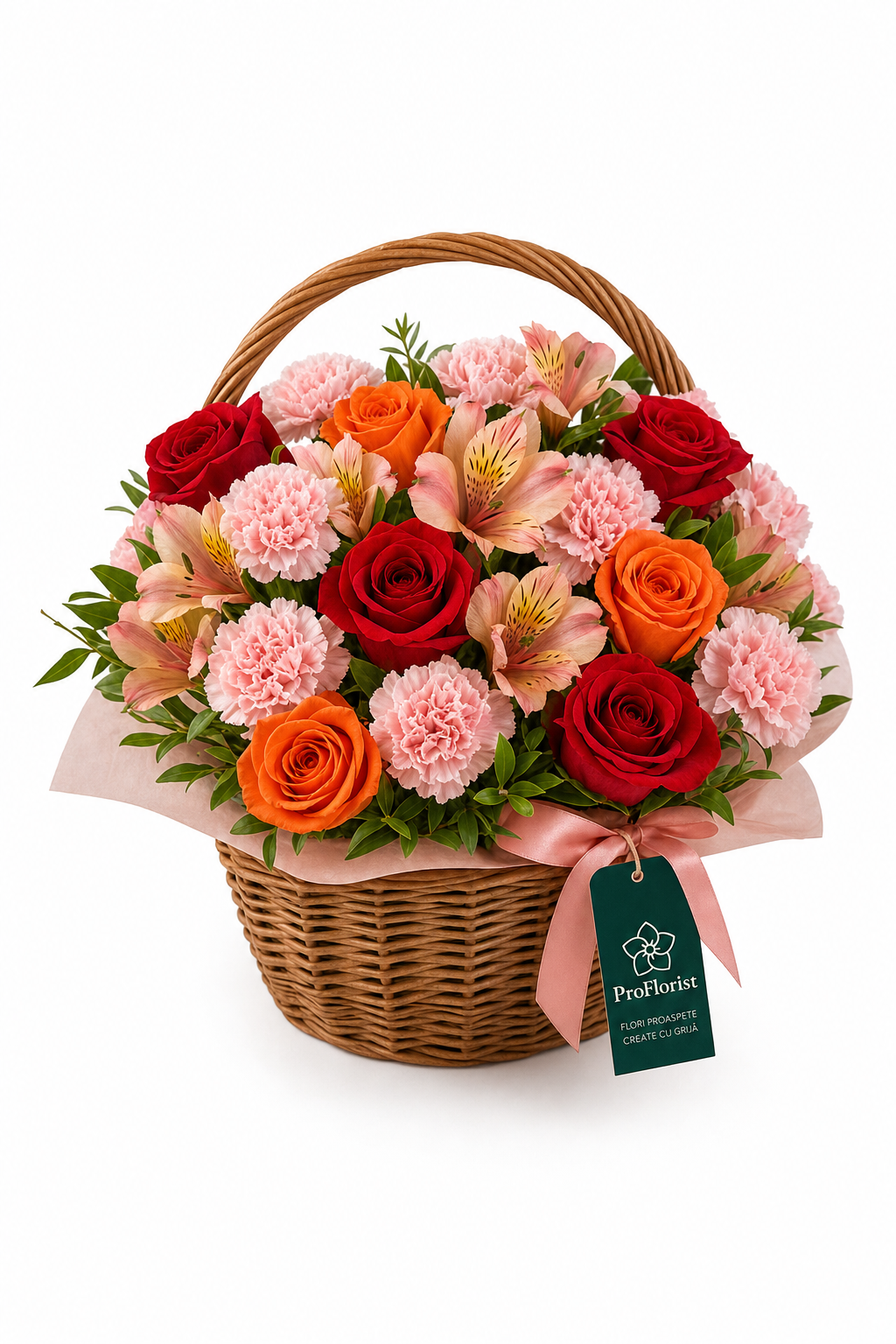 Aranjament Floral Premium cu Alstroemeria și Garoafe Roz și Portocalii