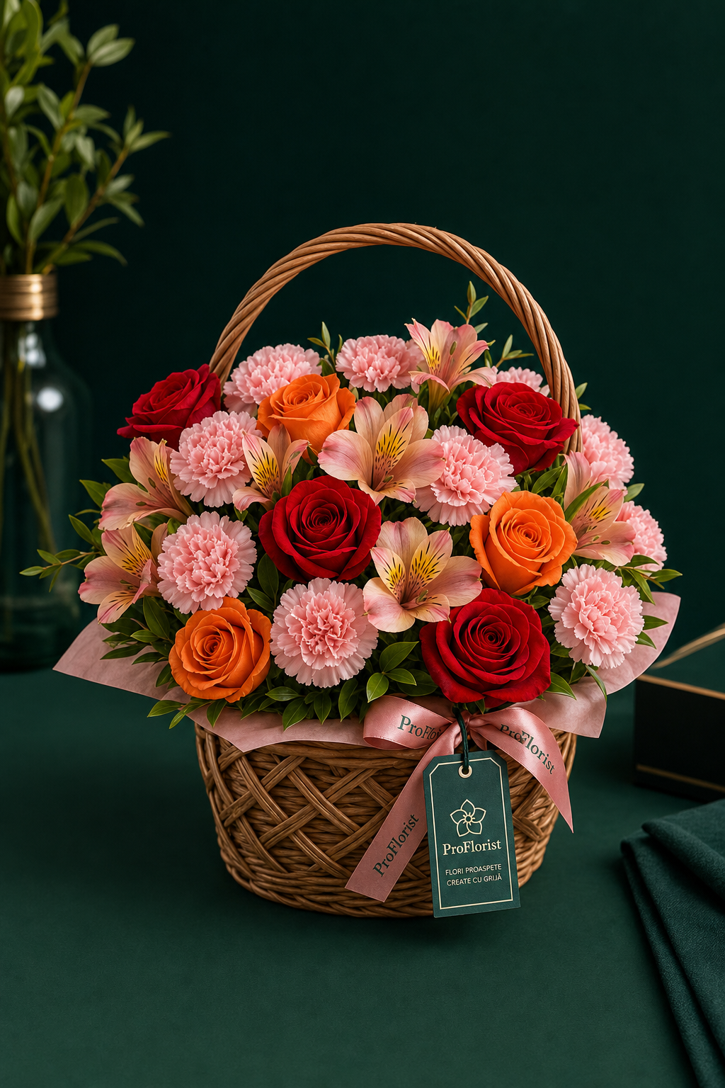 Aranjament Floral Premium cu Alstroemeria și Garoafe Roz și Portocalii