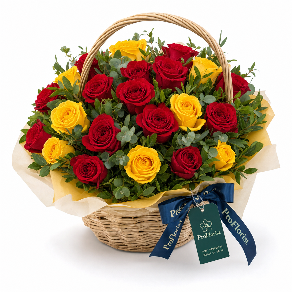 Aranjament Floral Premium cu Trandafiri Galbeni și Roșii