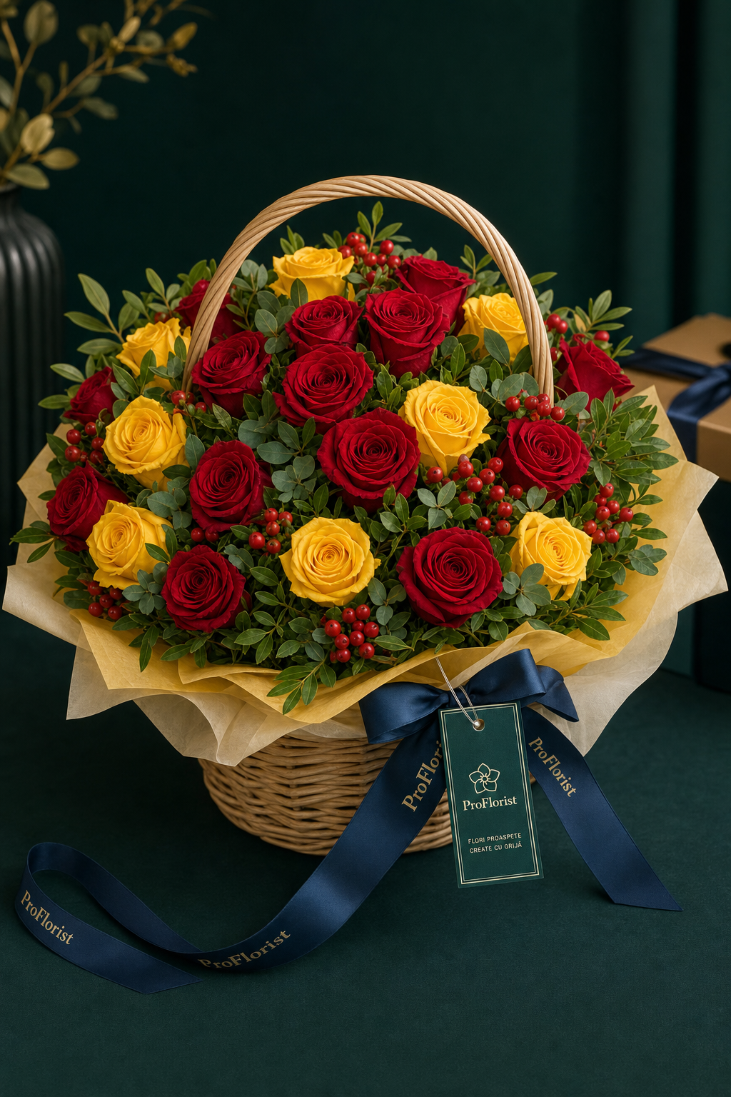 Aranjament Floral Premium cu Trandafiri Galbeni și Roșii