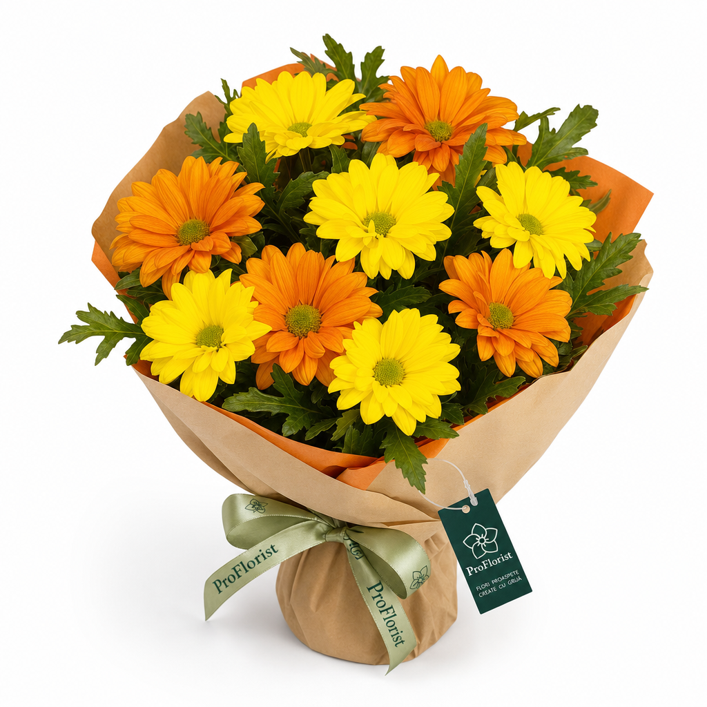 Buchet Premium cu Chrysanthemum Galbene și Portocalii