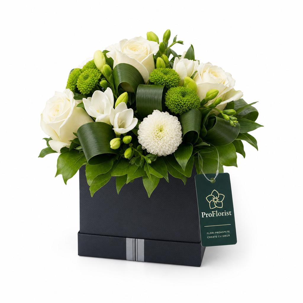 Aranjament Floral în Cutie cu Chrysanthemum și Frezii Verzi și Albe