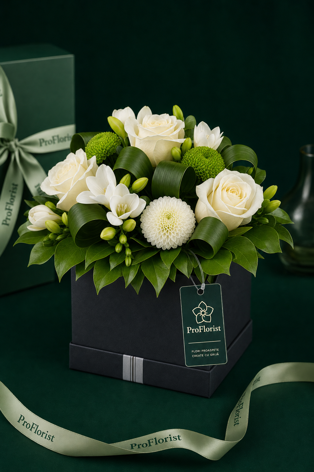 Aranjament Floral în Cutie cu Chrysanthemum și Frezii Verzi și Albe