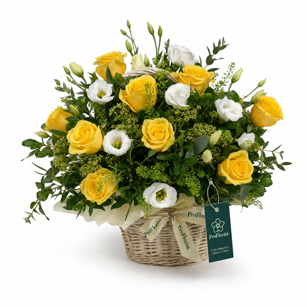 Aranjament Floral Premium cu Lisianthus și Trandafiri Albe și Galbene