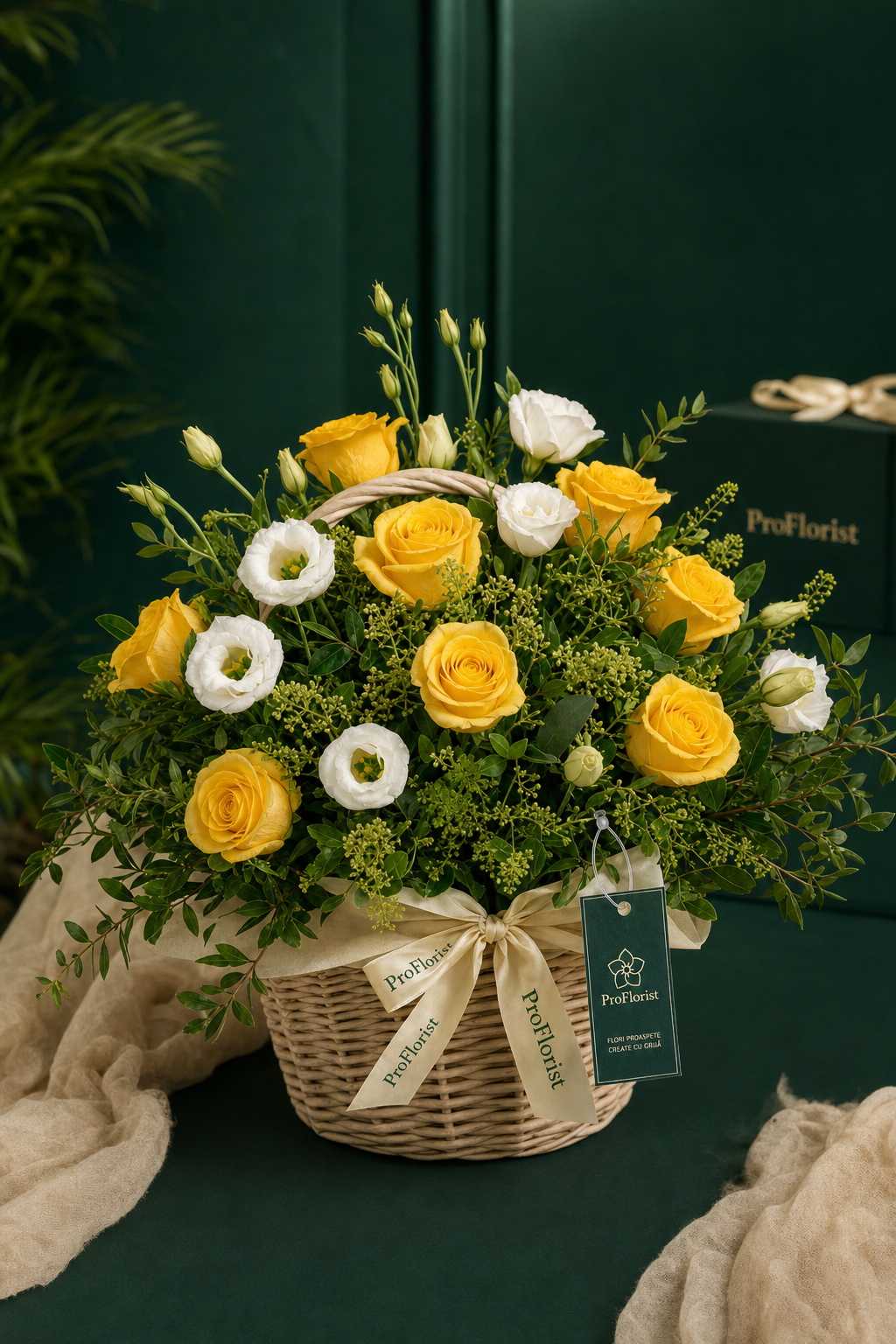 Aranjament Floral Premium cu Lisianthus și Trandafiri Albe și Galbene