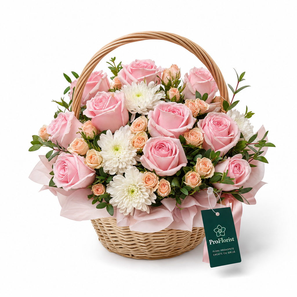 Aranjament Floral Premium cu Chrysanthemum și Trandafiri Albe și Roz
