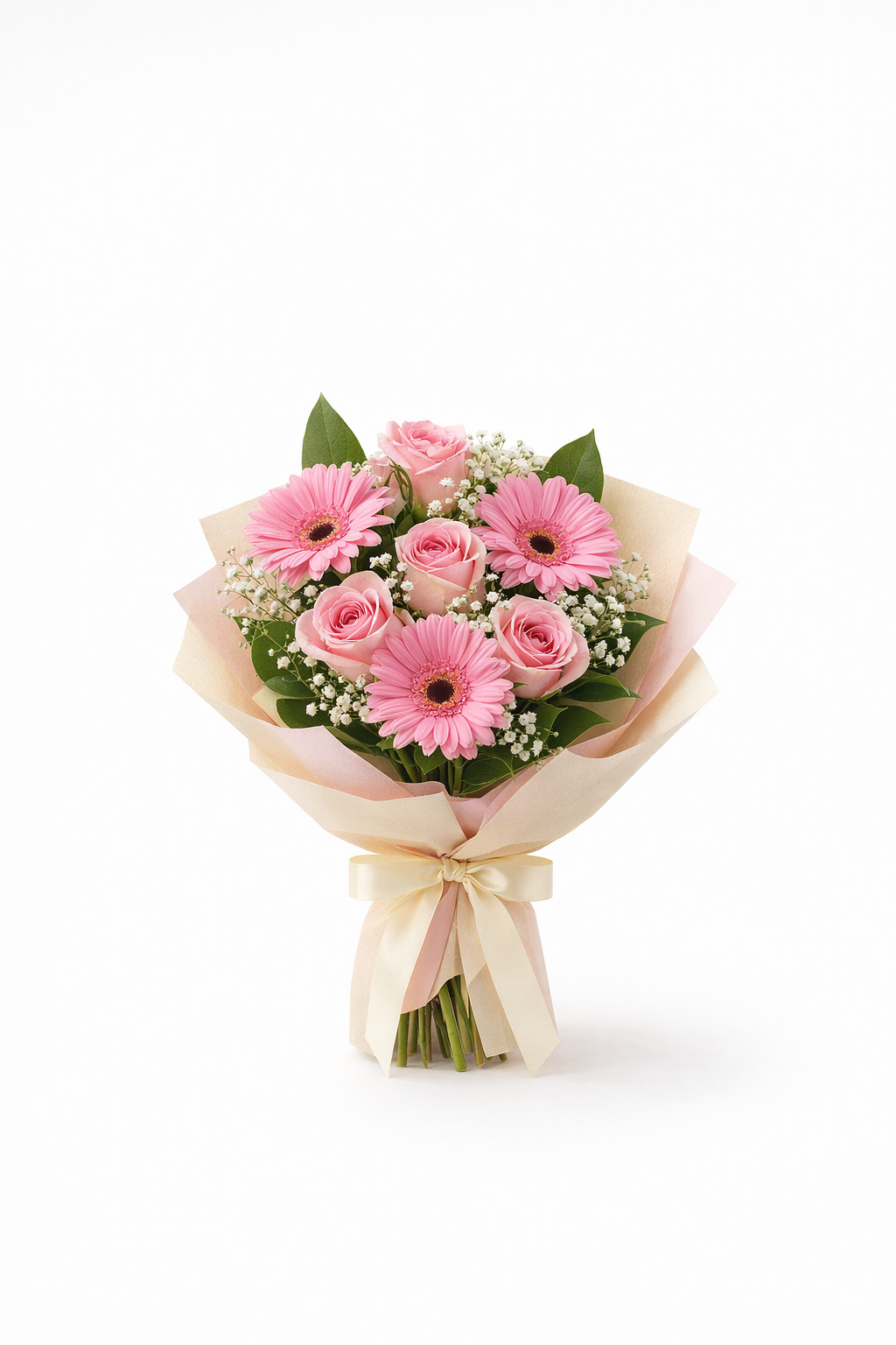 Buchet trandafiri roz si gerbera roz
